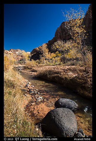 Basalt boulders, Pleasant Creek in the fall. Capitol Reef National Park, Utah, USA.