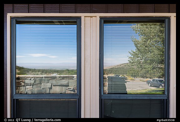 Parking lot and Basin open view, visitor center window reflexion. Great Basin National Park, Nevada, USA.