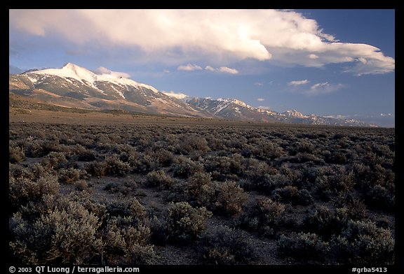 Snake Range and Wheeler Peak above sagebrush flats, from the West. Great Basin National Park (color)