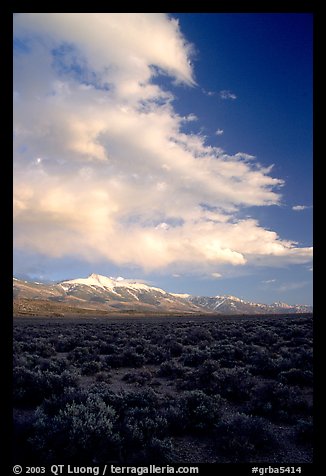 Snake Range and Wheeler Peak raising above Sagebrush, sunset. Great Basin National Park, Nevada, USA.