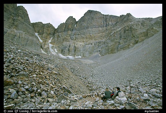 Hikers at the base of the North Face of Wheeler Peak. Great Basin National Park (color)