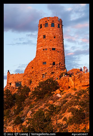 Desert watchtower with tourists at sunset. Grand Canyon National Park, Arizona, USA.