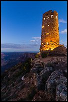 Indian Watchtower at Desert View, dusk. Grand Canyon National Park, Arizona, USA. (color)
