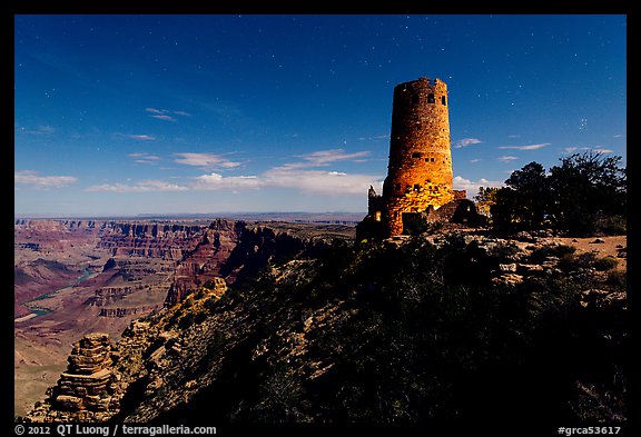 Desert View Watchtower and moonlit canyon. Grand Canyon National Park (color)