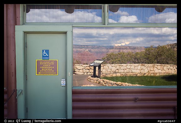 South Rim, Bright Angel lodge window reflexion. Grand Canyon National Park (color)
