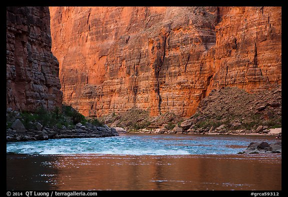 Glassy river and rapids below Redwall limestone canyon walls. Grand Canyon National Park (color)