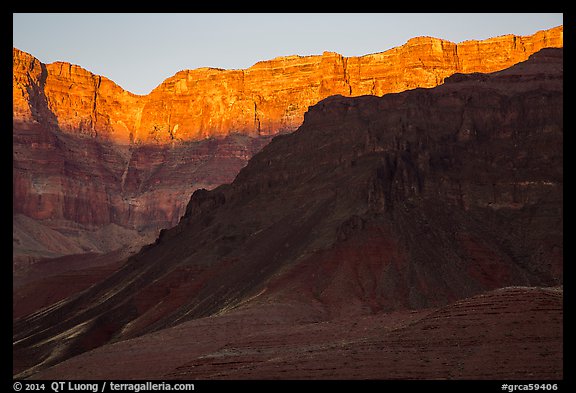 Last light illuminates cliffs of South Rim. Grand Canyon National Park, Arizona, USA.