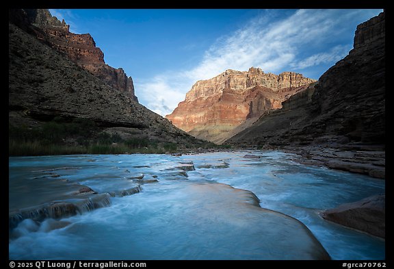 Turquoise water from the Little Colorado River flows over travertine terraces in the early morning. Grand Canyon National Park (color)