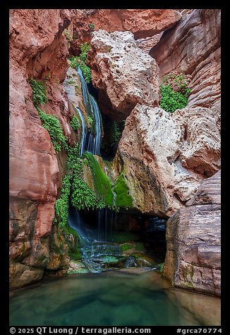 Ribbon-like streams cascade over mossy ledges at Elves Chasm, a secluded oasis shaded by canyon walls. Grand Canyon National Park (color)