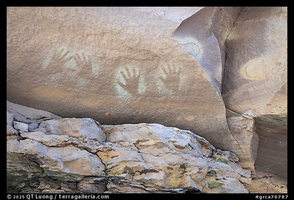 Ancient handprint pictographs, preserved beneath an overhang in Deer Creek narrows. Grand Canyon National Park (color)