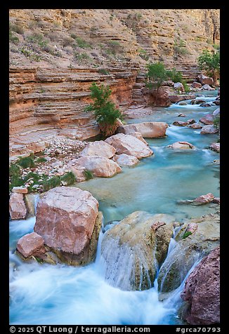 White travertine terraces form a gentle cascade along Havasu Creek. Grand Canyon National Park (color)