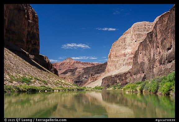 Blue sky and sheer cliffs mirror perfectly on the water near Whitmore Wash. Grand Canyon National Park (color)