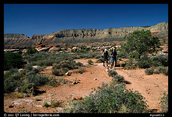 Backpackers on  Esplanade, Thunder River and Deer Creek trail. Grand Canyon National Park (color)