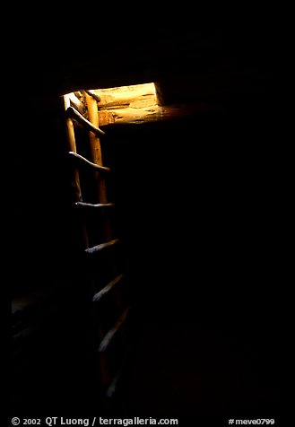 Dark kiva room with Ladder through light opening, Spruce Tree house. Mesa Verde National Park (color)