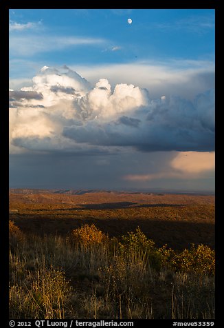 Moon, thunderstorm cloud over mesas at sunset. Mesa Verde National Park, Colorado, USA.