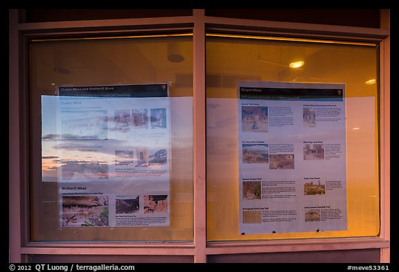 Sunset and attractions listings, Far View visitor center window reflexion. Mesa Verde National Park (color)