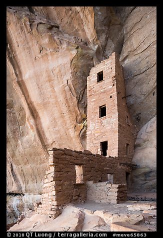 Tower and cliff inside Square Tower House. Mesa Verde National Park (color)