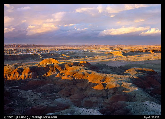 Painted desert seen from Chinde Point, stormy sunset. Petrified Forest National Park, Arizona, USA.