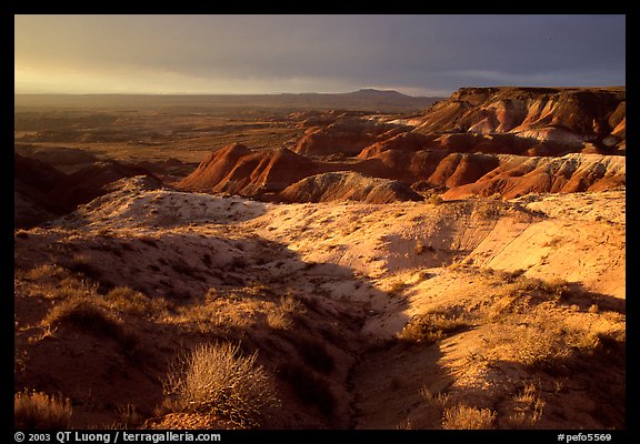 Badlands of  Chinle Formation seen from Whipple Point, stormy sunset. Petrified Forest National Park, Arizona, USA.