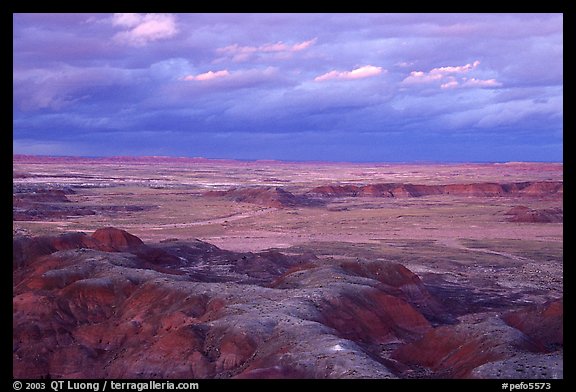 Painted desert seen from Chinde Point, dusk. Petrified Forest National Park, Arizona, USA.