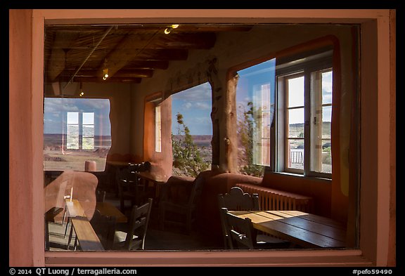 Painted Desert, Painted Desert Inn window reflexion. Petrified Forest National Park (color)