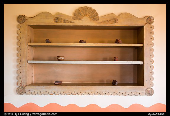 Shelf on dining room with American Indian designs, Painted Desert Inn. Petrified Forest National Park, Arizona, USA.