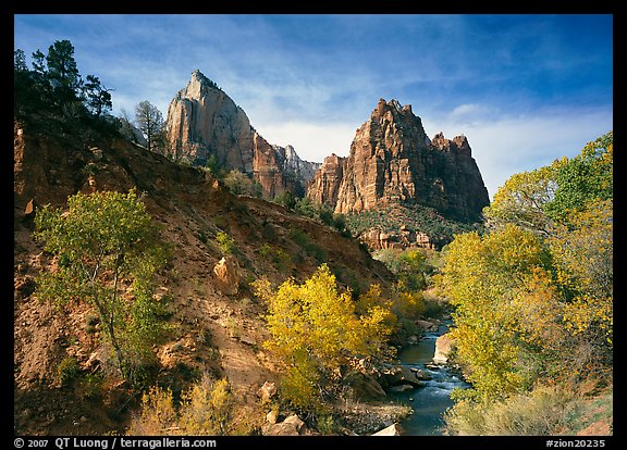 Court of the Patriarchs and Virgin River, afternoon. Zion National Park, Utah, USA.