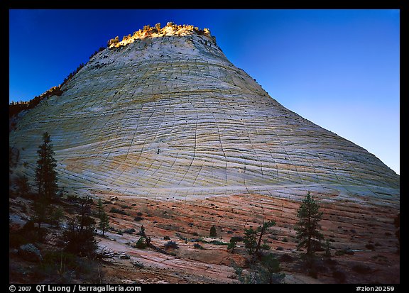 Checkerboard Mesa with top illuminated by sunrise. Zion National Park, Utah, USA.