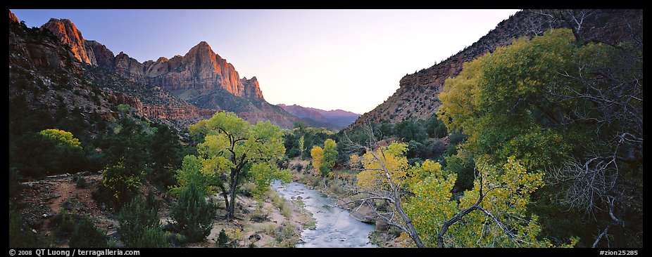 Virgin River, trees, and Watchman at sunset. Zion National Park, Utah, USA.