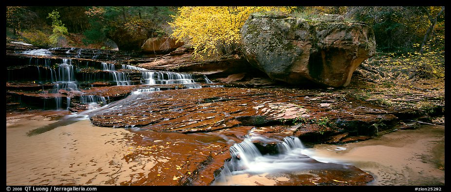 North Creek cascading over terraces in autumn. Zion National Park, Utah, USA.