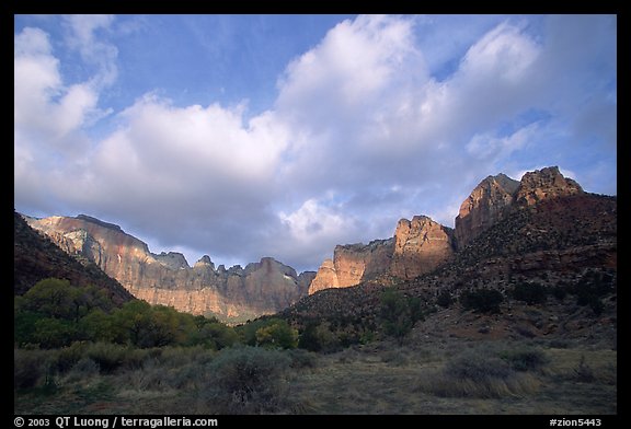 Wide view of Towers of the Virgin and clouds at sunrise. Zion National Park (color)