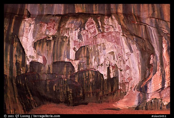 Striated rock wall, Double Arch Alcove, Middle Fork of Taylor Creek. Zion National Park (color)