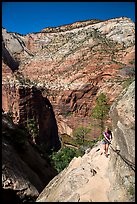 Woman hiker clinging to cable on Hidden Canyon trail. Zion National Park ( color)