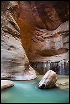 Virgin River flowing around boulders in the Narrows. Zion National Park ( color)