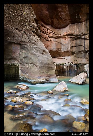 Virgin River flowing over boulders, the Narrows. Zion National Park (color)