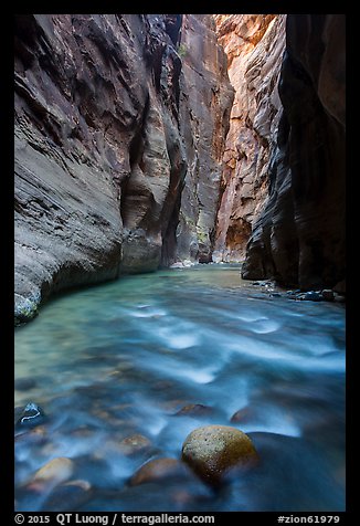 River flows beneath soaring sandstone walls, the Narrows. Zion National Park (color)