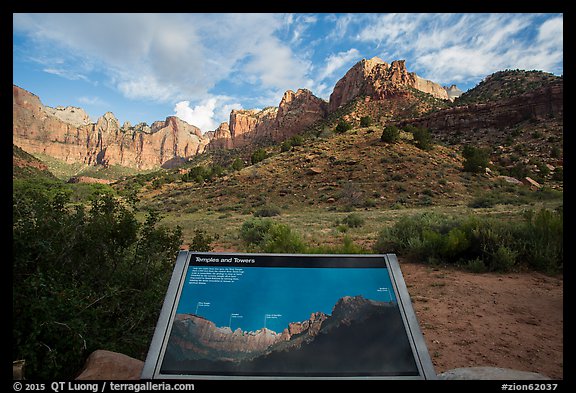 Temples and Towers intepretive Sign. Zion National Park, Utah, USA.