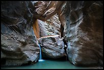 Large boulder creating waterfall with a second boulder suspended above, Orderville Canyon. Zion National Park ( color)