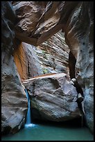 Large boulder creating waterfall with Guillotine boulder above, Orderville Canyon. Zion National Park ( color)