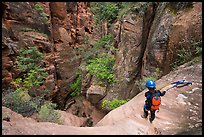 Canyonneers rapples into the bottom of Behunin Canyon. Zion National Park, Utah ( color)