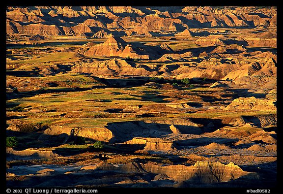 Badland ridges and prairie from above, sunrise. Badlands National Park (color)