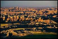 View over eroded ridges from Pinacles overlook, sunrise. Badlands National Park, South Dakota, USA.