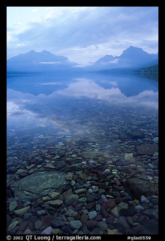 Peebles in lake McDonald and mountains. Glacier National Park (color)