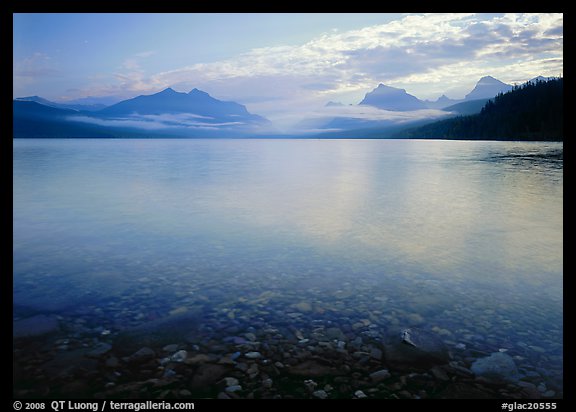Lake McDonald with clouds and mountains reflected in early morning. Glacier National Park (color)