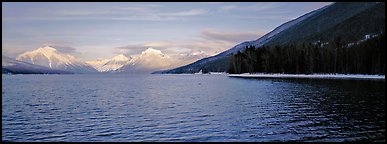 Snowy mountains across Mc Donald Lake. Glacier National Park (Panoramic color)