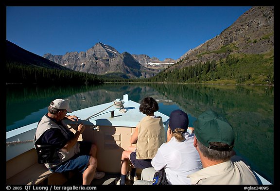 Riding the tour boat on Lake Josephine. Glacier National Park, Montana, USA.