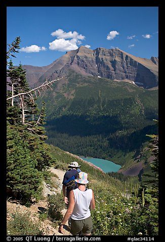 Hiking down the Grinnell Glacier trail, afternoon. Glacier National Park, Montana, USA.