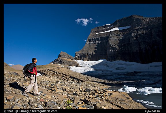 Hiker on moraine near Grinnell Glacier. Glacier National Park (color)