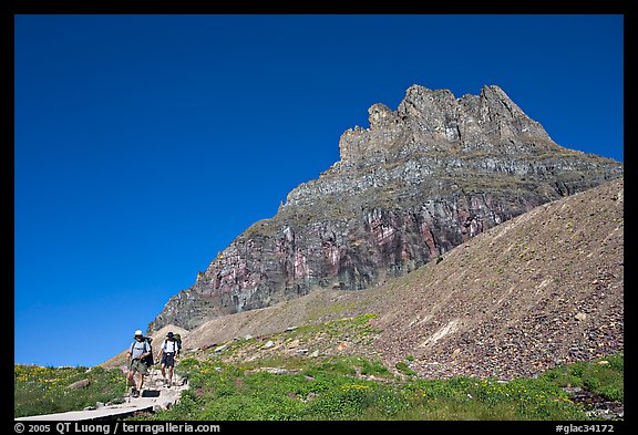 Two backpackers descending on trail near Logan Pass. Glacier National Park, Montana, USA.