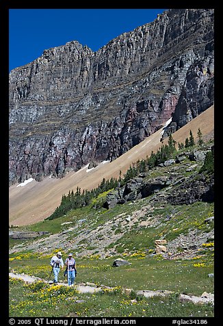 Couple hiking on trail amongst wildflowers near Hidden Lake. Glacier National Park (color)